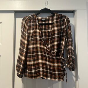 Madewell Plaid Wrap Blouse in Black, Brown & Cream